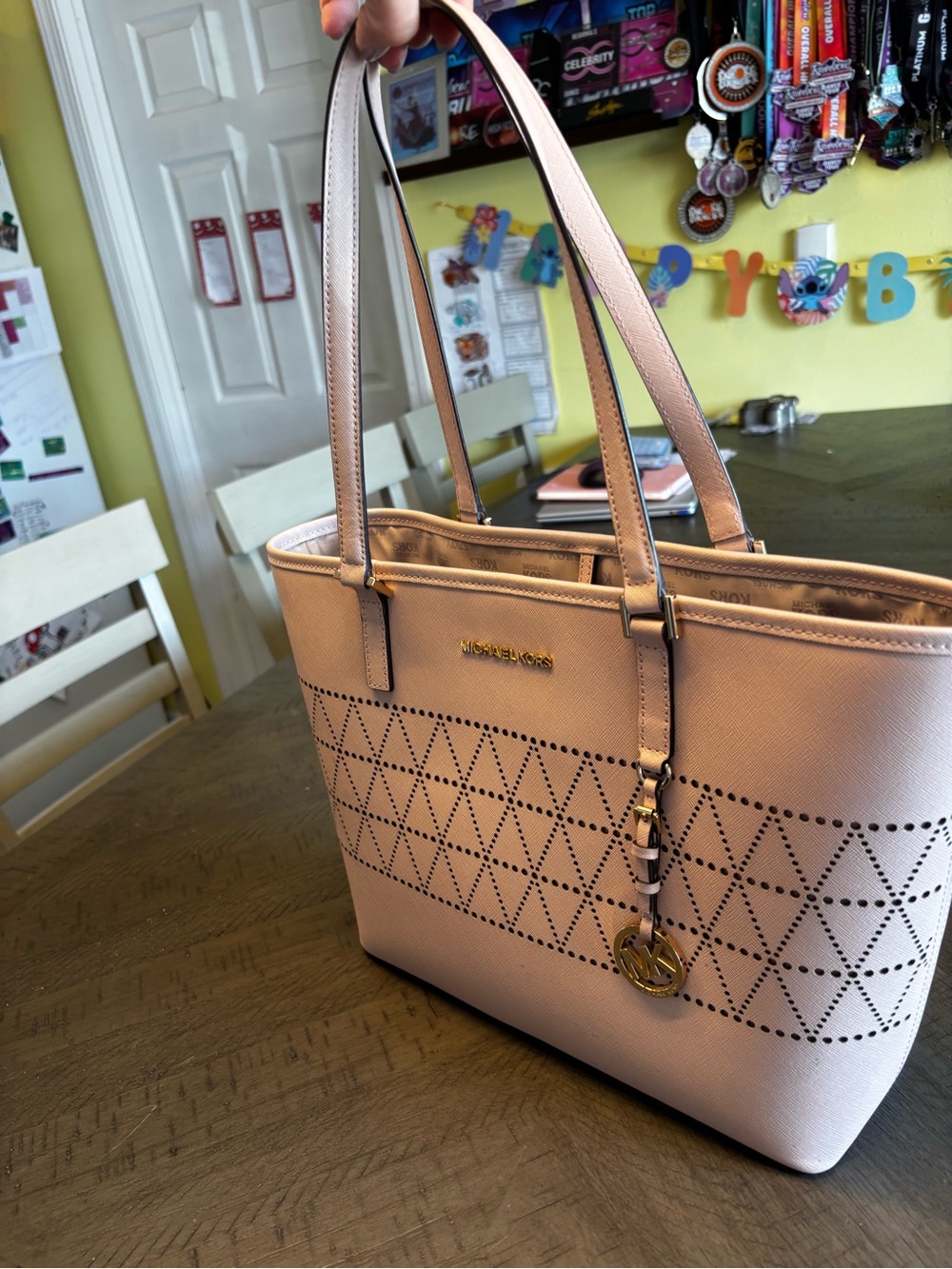 Michael Kors Blush Perforated medium Geometric Tote - Picture 2 of 10